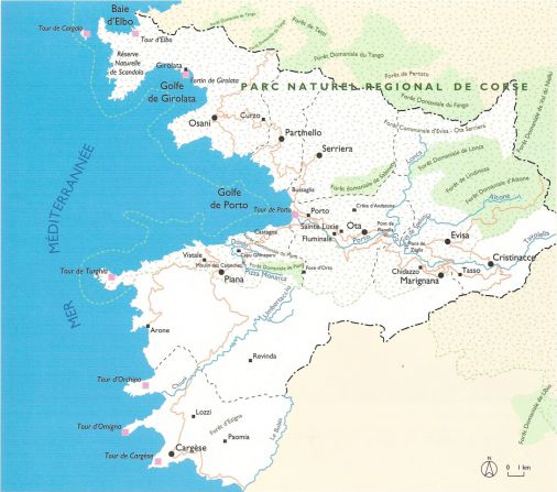 Carte du golfe de Porto et du canton des Deux-Sevi, extraite du livre "Canton Les Deux-Sevi" - Inventaire général - Editeur Alain Piazzola - 1999